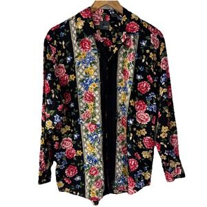 Lizwear Floral Button Down Women Size M Black Long Sleeve Rayon Blouse Vintage